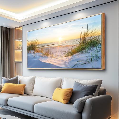 MHARTK66 Sunset Beach Wall Art for Living Room Golden Sunlight Sea Grass Dune Blue Ocean Seascape Picture HD Print On Canvas for Bedroom Office Home Decoration Framed Artwork Ready to Hang 30"x 60" by MHARTK66