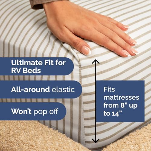 Short Queen Size 4 Piece Bed Sheet Set - RV Short Queen - Beige Stripes - Image 3