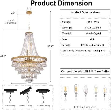 Wellmet French Empire Crystal Chandeliers, Antique Bronze Chandeliers 10 Lights, Rustic Farmhouse Chandelier High Ceiling Light Fixture for Entryway, Foyer, Dining Room, Staircase (Gold, 28 Inches) - Image 3