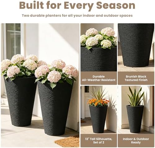 Kante 2-Pack All-Weather 13" H Round Tapered Black Plastic Planters - Image 3