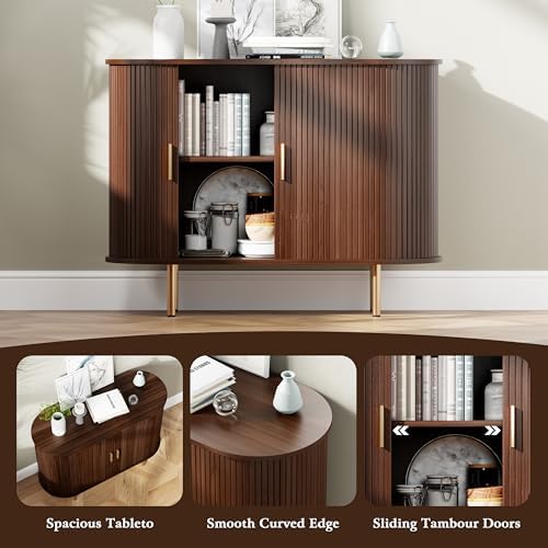 DHH Sideboard Buffet Cabinet with Storage,Mid Century Modern Fluted Accent Coffee Bar Console Table,Tambour Sliding Doors& Adjustable Shelf for Kitchen, Living Room, Entryway(Walnut, 40Inch) - Image 5