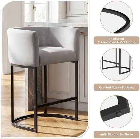 GRUSIGN Chenille Counter Height Bar Stools Set of 2, 26" Kitchen Island Stools with Arms & Footrest, Upholstered Barrel Back Bar Chairs for Kitchen, Dining Room, Bar & Lounge Area, Grey - Image 6