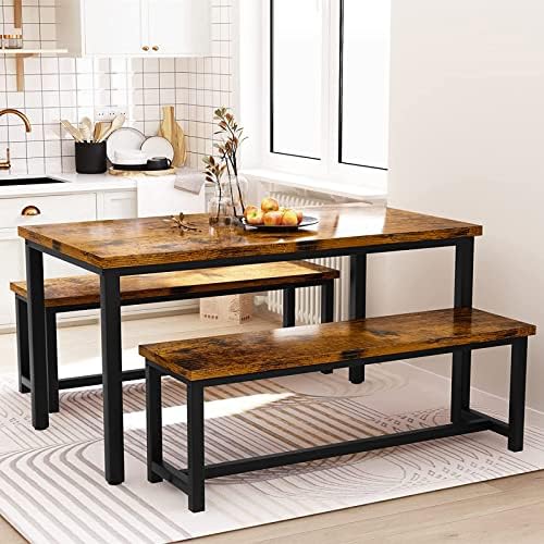 Dining Room Table Set with 2 Benches, Farmhouse Dining Table Set for 4-6, Wood Breakfast Table Set Dinner Table Set Kitchen Table and Chairs for Breakfast Nook Small Spaces, Brown by LinkRomat