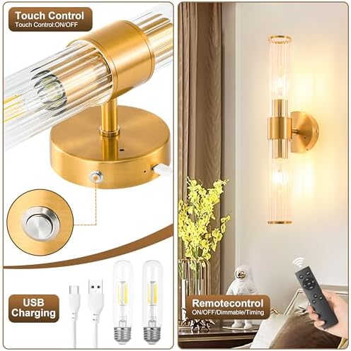 Gold Battery Operated Wall Sconces Set of Two, Dimmable Rechargeable Sconce - Image 6