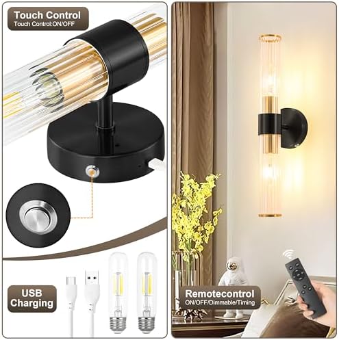 Morauroral Black Gold Battery Operated Wall Sconce, Rechargeable Wall Lights with Remote, 20 Inch Modern Wireless Wall Lamp for Bedroom, Living Room with Clear Glass Shade (Bulbs Included) - Image 4