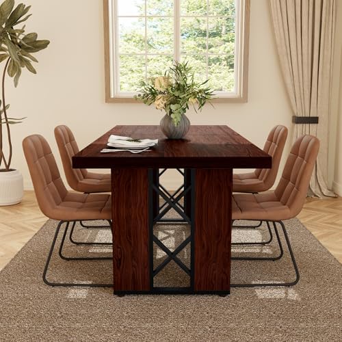 HIPIHOM 7-Piece Dining Table Set for 6, Walnut Table with 6 PU Brown Chairs - Image 5