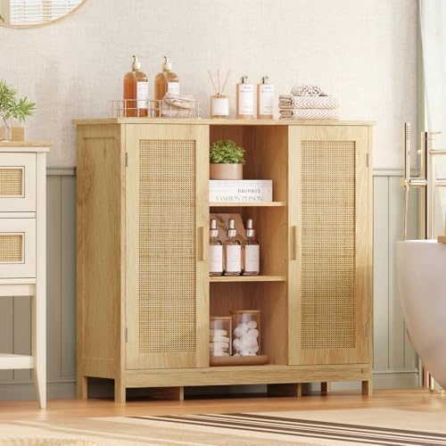 Iwell Rattan Storage Cabinet with 4 Adjustable Shelves, Coffee Bar Cabinet, Sideboard Buffet for Kitchen, Living Room, Entryway, Natural - Image 4