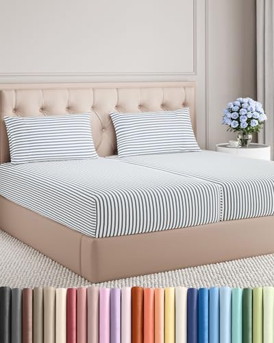 Split King Size 5 Piece Sheet Set - Breathable & Cooling - Blue Stripes by CGKUnlimited