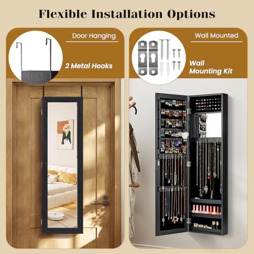 GIANTEX Wall or Door Mounted Jewelry Cabinet with Full Length Mirror - Image 4