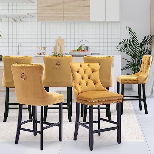 SoarFlash Modern Velvet Upholstered Bar Stools Set of 6 with Wood Legs, Button Tufted,Chrome Nailhead, Counterstool Seat, Armless Bar Chairs (Gold) - Image 4