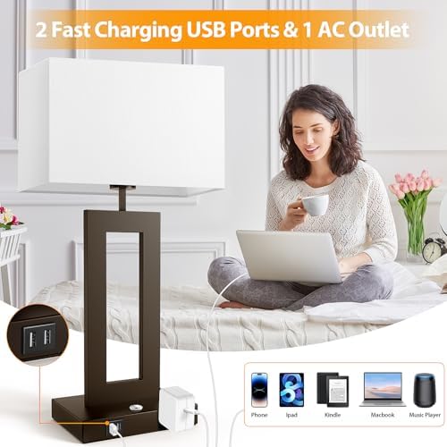 27.2’’ Tall Brown Table Lamps for Living Room Bedroom, Bedside Touch Control Lamps with 2 USB Ports&AC Outlet, 3 Color Temp.&Stepless Dimming Desk Lamp Sets for Home Office, Pre-assembled White Shade - Image 5