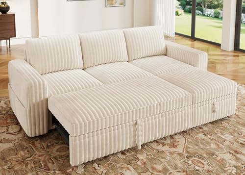 HONBAY Modular Sectional Sofa with Pull Out Bed,Corduroy L Shaped Sleeper Sofa with Storage, Sectional Couches for Living Room,Beige by HONBAY