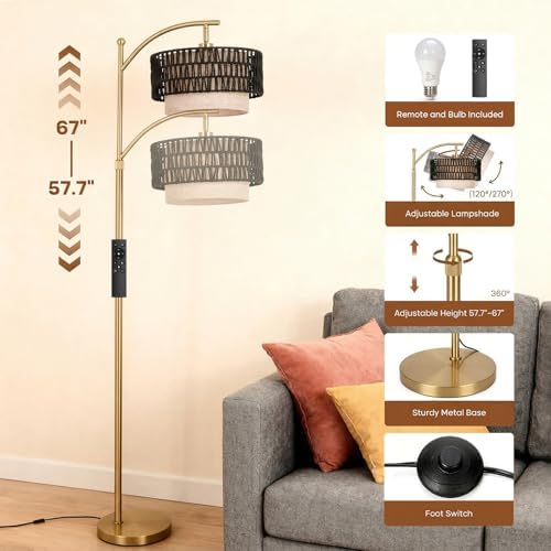 Arc Floor Lamp for Living Room with Remote, 57.5"-67" Height Adjust Dimmable Bulb Floor Lamps with 3 Color Temps, Boho Standing Lamp with Rattan & Fabric Shades, Farmhouse Tall Lamp for Bedroom Corner - Image 4