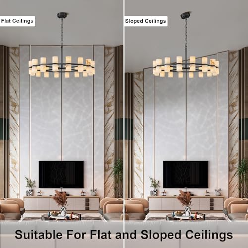 Alabaster Round Chandelier, Natural Spanish Stone Texture Chandeliers, D31in Round Chandeliers for Dining Room Chandelier Light Fixture for Kitchen Living Room Foyer Entryway Hallway (Black) - Image 6