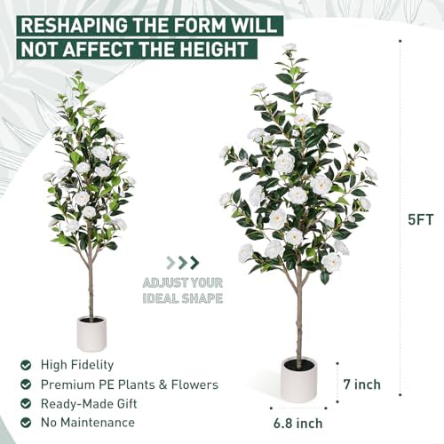 Yepdin 63 inch Artificial Camellia Tree with White Flower Pots -2 Pack White Fake Tree,5 Ft Faux Plants Indoor wich Blooming,Artificial Plants for Indoor & Outdoor Home Front Door Decor - Image 3