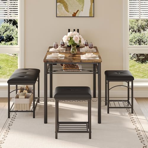 GarveeHome Dining Table Set for 4 with Upholstered Benches and 2 Stools, Modern Space Saving Kitchen Breakfast Table, Ideal for Small Kitchens, Apartments, Studios, and Compact Living Spaces by GarveeHome