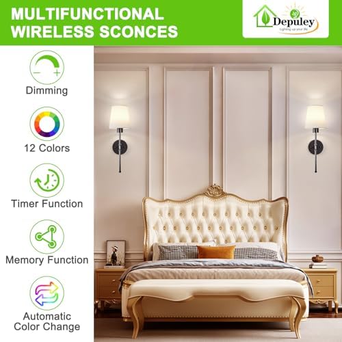 Depuley Battery Operated Wall Sconce: 19.9 Inch Set of 2 Wireless Wall Lights with Remote for Bedroom - Rechargeable 15 Colors Black Wall Lamp for Living Room Hallway Decor - Image 2