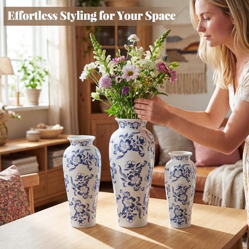 LemonRoad 3 Pack Chinoiserie Vases Porcelain Blue and White Vases for Flowers Pottery Chinoiserie Ceramic Vase for Living Room Mother's Day Decor Table Centerpiece, 6.7", 8.3", 10"(Lotus) - Image 2