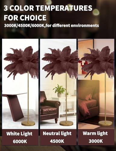 Feather Floor Lamp,Fluffy Ostrich Feather Floor Lamp for Bedroom,3 Color Temperatures Led Corner Modern Floor Lamps for Living Room Christmas Home Decor House Warming Gifts,63″ Height (Coffee) - Image 3