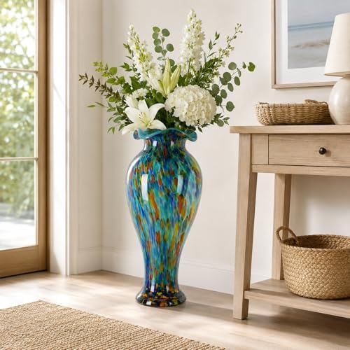 20" Tall Hand Blown Glass Vase – Pretty Ruffle Wide Mouth Decorative Flower Vase, for Modern Home Decor, Ideal Centerpiece for Living Rooms, Wedding & Home Decor - Image 7