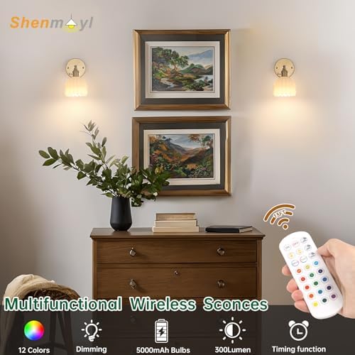 Shenmoyl Vintage Battery Operated Wall Sconce with White Tulip Glass Lampshade 5000 mAh Rechargeable Battery Powered Wall Light with Remote Control for Bedside Bedroom Doorway, Set of 2 - Image 2