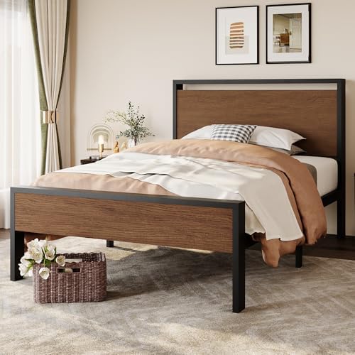 SHA CERLIN 14 Inch Twin Size Metal Platform Bed Frame with Wooden Headboard and Footboard, Mattress Foundation, No Box Spring Needed, Large Under Bed Storage, Heavy Duty Slats Support, Walnut by SHACERLIN
