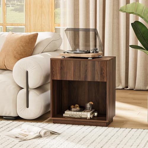 Fluted Nightstands Set of 2, Modern Bedside Table with Drawer and Storage Shelf, Wood End Table Mid Century Night Stands for Bedroom Living Room Sofa Couch Office (Walnut) - Image 7