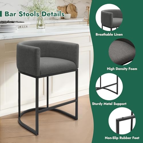 Counter Height Bar Stools Set of 3, 24 Inch Seat Height Barstools for Dining Room, Fabric Upholstered Bar Chair for Kitchen Island, Linen Counter Stools with Metal Legs, Carbon Black - Image 3