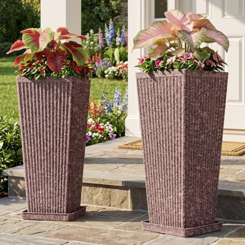 Square Tall Planters for Outdoor Plants with Tray - Stone Finishes by Outdoorchairs