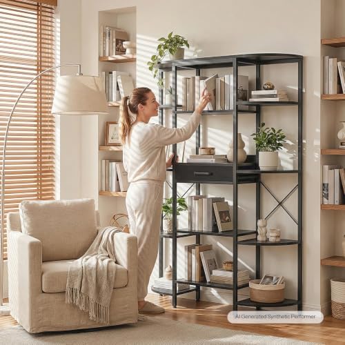 HOOBRO Triple Column 5 Tier Book Shelf, Industrial Bookcase with 12 Open Display Shelves and Fabric Drawer, Wide Bookshelf for Home Office, Living Room, Easy Assembly, Black BB161SJ01 - Image 3