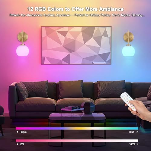 Gold Battery Operated Wall Sconce Set of 2, Wireless Rechargeable Sconces Wall Lighting with Remote Control, LED Dimmable Wall Lights with Opal White Glass Shade, 12 Colors RGB & 3 CCT Bulb - Image 4