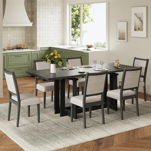 VilroCaz 7-Piece Retro Farmhouse Dining Table Set for 6, Acacia Wood Extendable 82'' Trestle Dining Table with 6 Upholstered Chairs for Home Kitchen& Dining Room (Grey+Beige-12.4) - Image 2