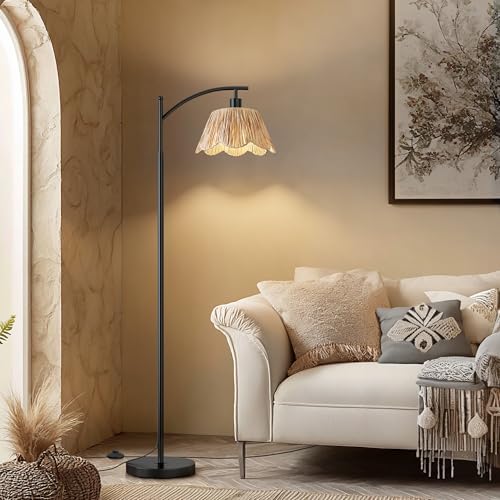 Oneach Boho Rattan Floor Lamp for Living Room, Farmhouse Standing Lamp with Hand-Woven Shade, Black Metal Base & Pole, Foot Switch - Corner Reading Lamp for Bedroom - Image 4