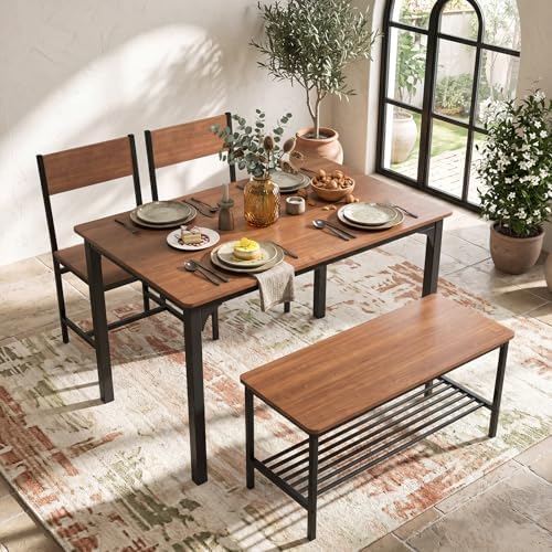 COSTWAY Dining Table Set for 4 w/Bench & 2 Chairs, Storage Racks, Brown by COSTWAY