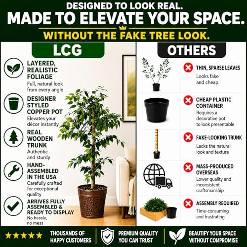 Artificial Tree 4ft Artificial Ficus Tree in Copper Metal Pot by LCG Florals – Faux Indoor Plant with Real Wood Trunk, Fully Assembled for Living Room, Office & Entryway Décor - Image 3