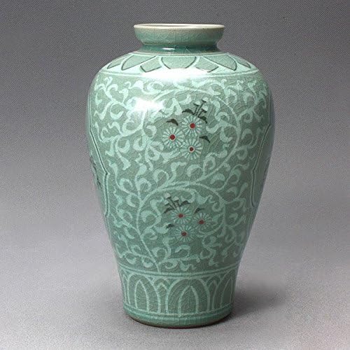 Korean Celadon Glaze Semi-Round Inlaid Crane and Chrysanthemum Flower Inlay Design Green Decorative Porcelain Ceramic Pottery Home Decor Accent Vase - Image 2