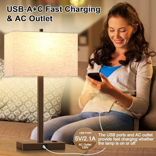 Lynnoland 21" Set of 2 Table lamp with USB A+C & AC Outlets, Touch Control 3-Way Dimmable Nightstand Lamps for Bedroom Living Room Office Reading, Line Shade Touch Lamps, 3000K LED Bulbs Included - Image 5