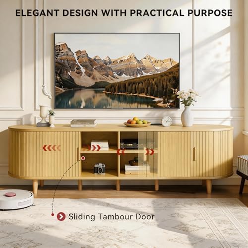 80" Mid Century Modern TV Stand with Power Outlet, Fluted Entertainment Center with Storage and Adjustable Shelves, Wood TV Console with Sliding Doors for Living Room, Oak - Image 4
