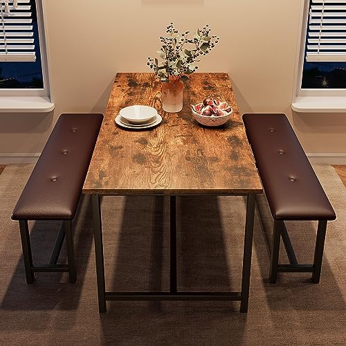 GarveeHome Dining Table Set for 4, Kitchen Table with 2 Upholstered Benches, Wood Kitchen Dining Room Set, for Small Space, Apartment, Home, Dinner, Retro Brown - Image 4