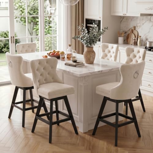 SoarFlash Kitchen Swivel Bar Stools with Solid Wood Legs Upholstered Counter Stools Set of 6, Beige by SoarFlash