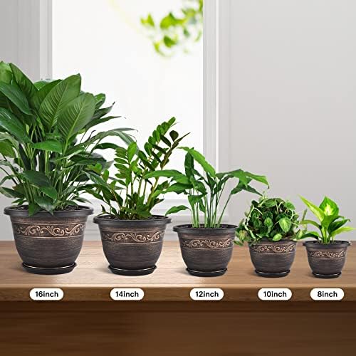 Plastic-Plant-Flower-Planters-16 Inch With Drainage Hole & Saucer, 3 Packs Lightweight Small Resin Flower Pot Indoor Outdoor, Retro Antique Imitation Decorative Garden Containers Sets For Houseplants - Image 5