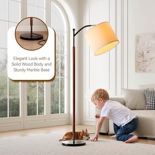 Arc Floor Lamp, Corner Mid Century Modern Floor Lamp, Standing Lamp with Adjustable Hanging Lampshade and Marble Base, Floor Lamps for Living Room, Bedroom, Office, Walnut Brown - Image 3