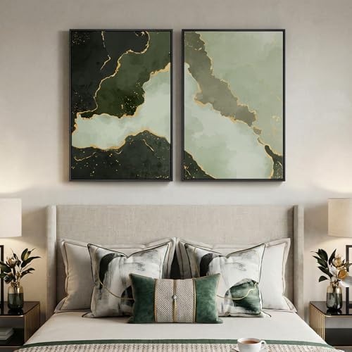 Large Framed Green Gold Abstract Wall Art for Living Room Set of 2, 24x36 - Image 5