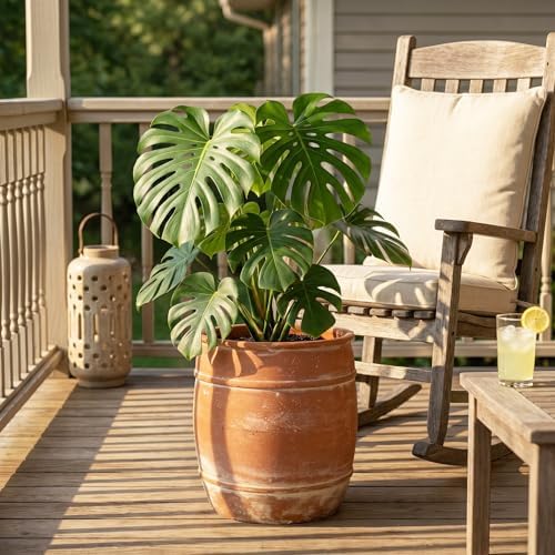 13"H x 12" Dia Aged Terracotta Planter Pot with Drainage Hole, Rustic Vintage Flower Pot for Indoor Outdoor Plants, Distressed Decorative Clay-Style Planter for Patio, Porch, Garden, Farmhouse Décor - Image 4