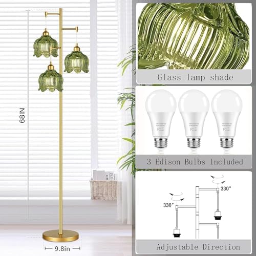 Vintage Floor Lamps for Living Room Bedroom-3 Light Gold Floor Lamp with Glass Lampshape, Flower Green Tall Lamp Mid Century Modern Standing Lamp Tree Floor Lamp for Bedroom Living Room Corner - Image 4
