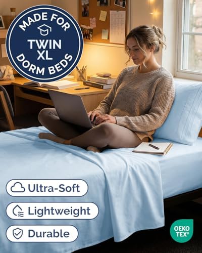 Twin XL 3 Piece Sheet Set - College Dorm Room Essentials - Light Blue - Image 2