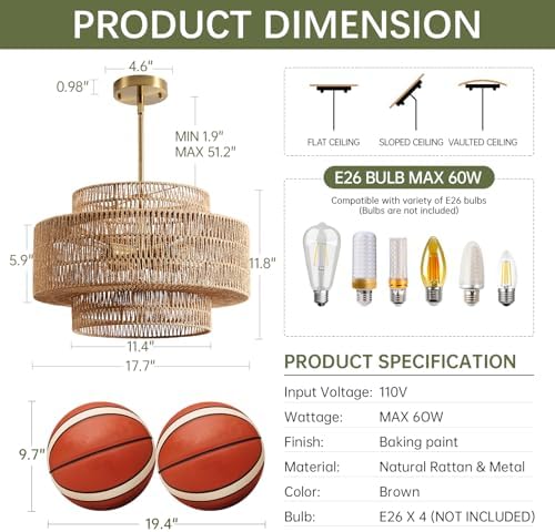 17.7" Rattan Chandelier for Dining Room, Large Boho Pendant Light - Image 5