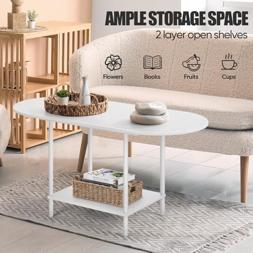 White Coffee Tables for Living Room,Mid Century Oval Center Table with Storage Shelf and Wood Tabletop,2-Tier Modern Narrow Cocktail Tea Table for Small Space,Small Apartment - Image 5