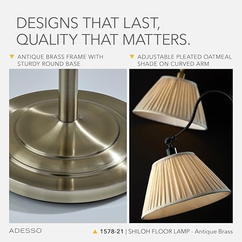 Adesso Floor Lamp, Antique Brass & Oatmeal, Pleated Shade, 63” - Image 4
