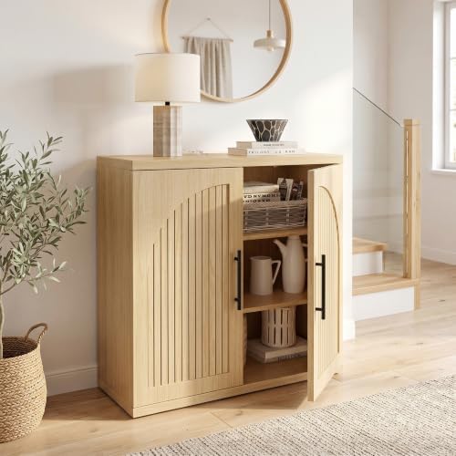 Jocoevol 31.5" Fluted Oak Buffet Cabinet Sideboard with Storage, Small Sideboard Cabinet with 2 Doors, Wood Mid Century Modern Sideboard for Kitchen and Living Room (31.5" W*31.5" H*15.8" D) - Image 3
